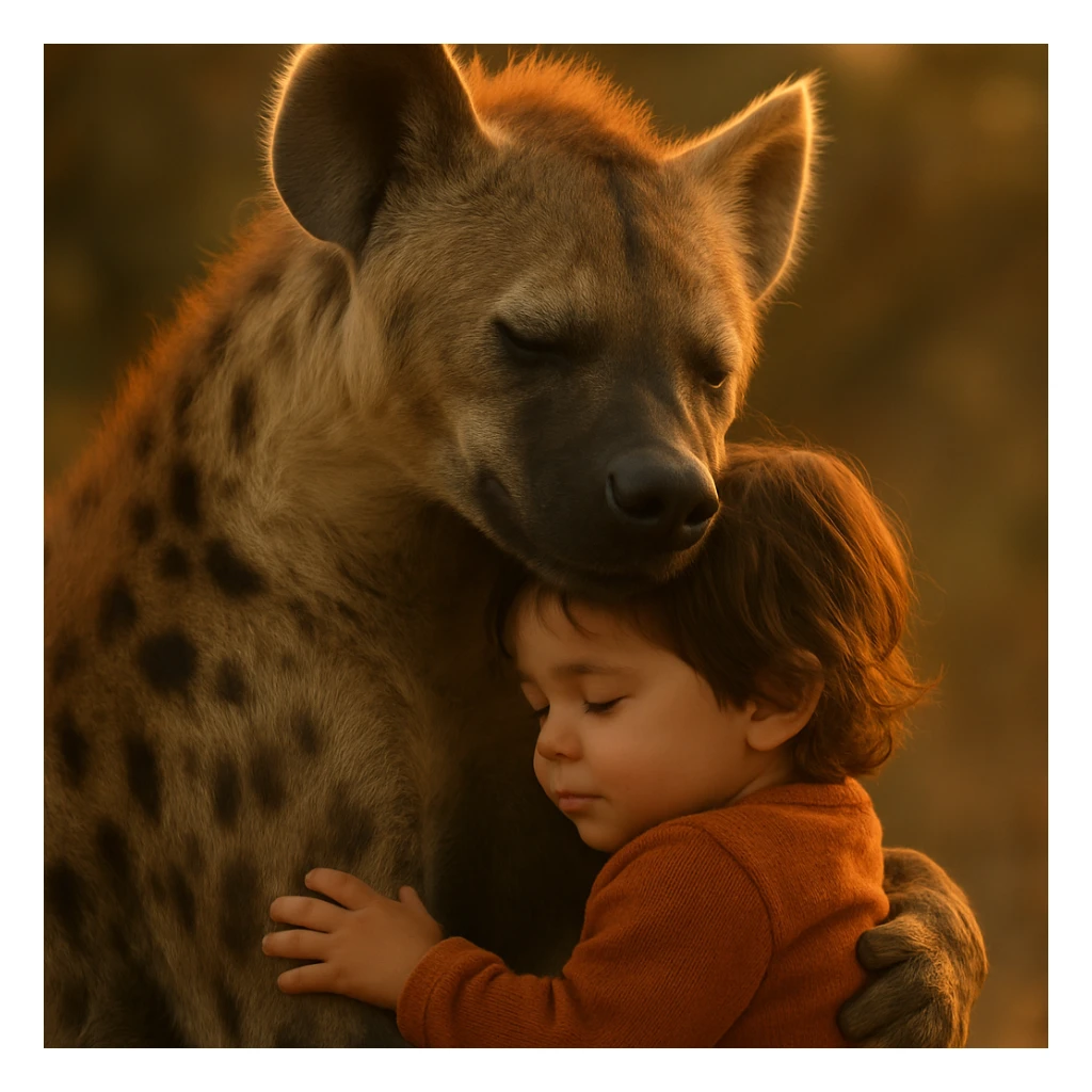photorealistic hyena hugging a child with warm lighting, no cyberpunk sticker