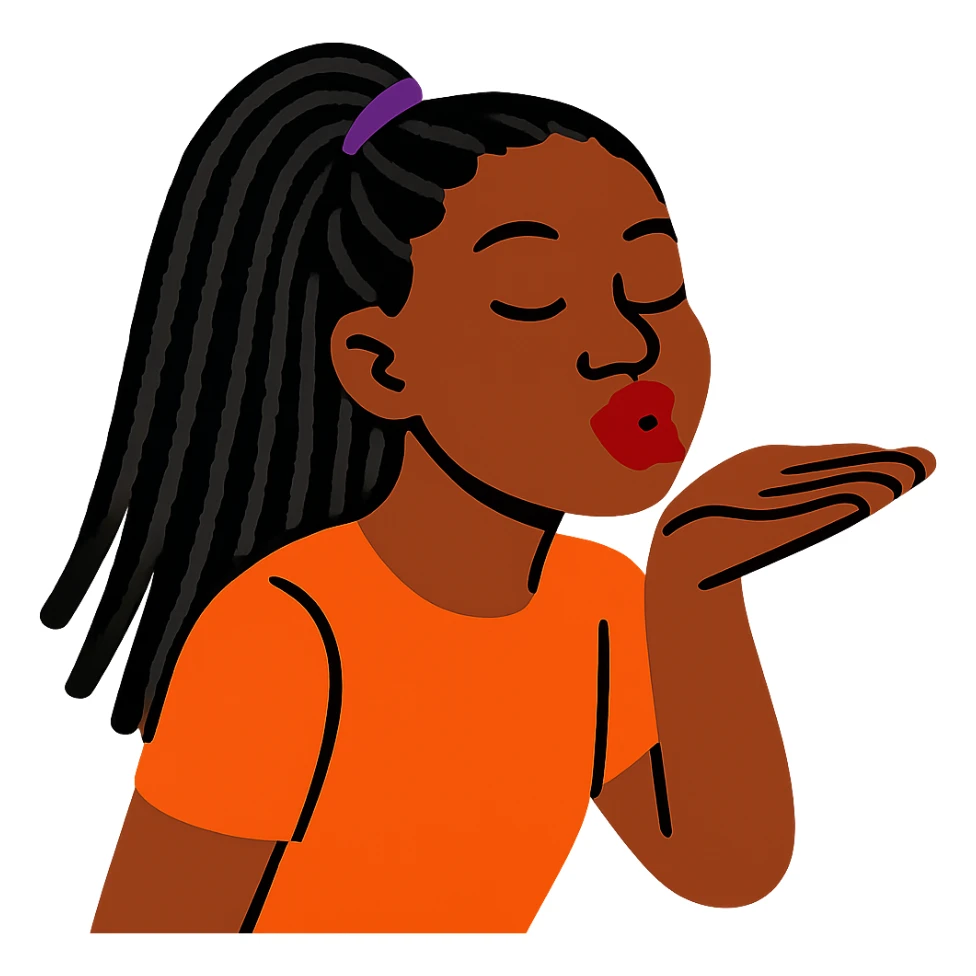 Black girl with long black braids, half up half down, blowing a kiss sticker
