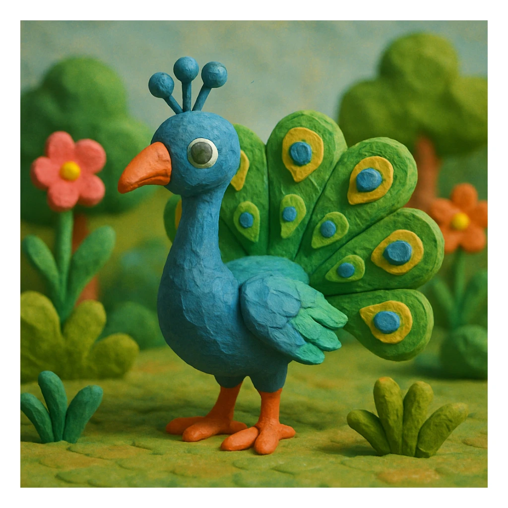 peacock standing in a garden, playful and vibrant, textured look, claymation style sticker