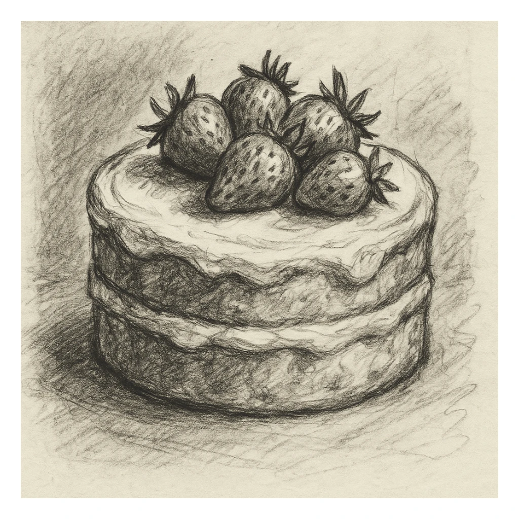 white cake with strawberries on top, pencil sketch style sticker