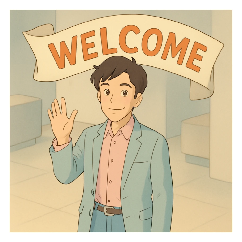 human character, center-frame, casual smart clothing in pastel blues, pinks, and neutrals, warm smile, one hand raised in a wave, stylized 'Welcome' banner behind, isometric perspective, soft diffuse studio lighting, subtle shadows, light depth of field, smooth rounded shapes, realistic skin texture, clean polished surfaces, modern minimalistic setting sticker