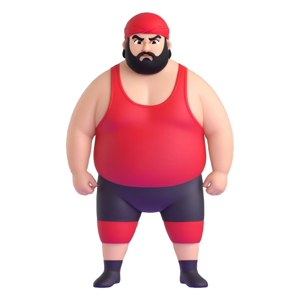 White skin fat guy with prominent black durag, short black beard, black eyes in a red and black wrestling singlet with angry face sticker