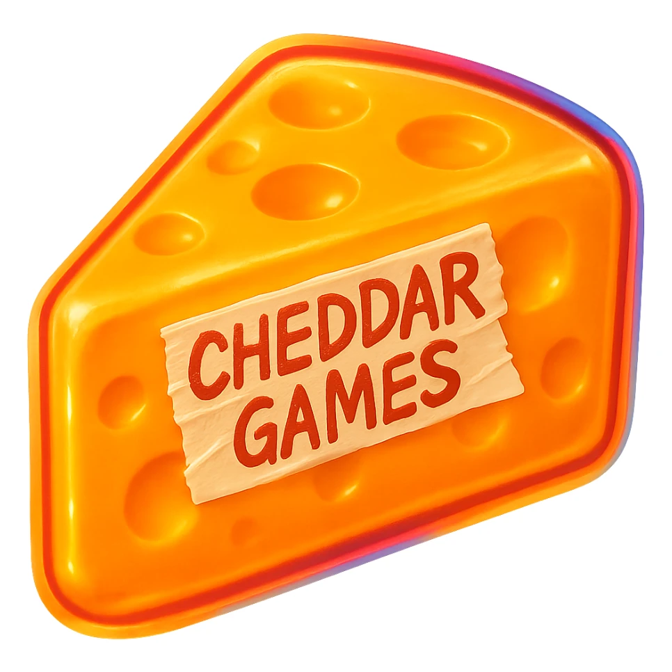 Remove the shadow on the ground. Place the tape with 'Cheddar Games' in the center of the cheese wedge. Make the cheese hyper-realistic, a little softer and more translucent, with a glowing effect. Keep the tape fatter, messy, and less perfect. Preserve the retro semi-transparent plastic style. No background and no sticker effect. sticker