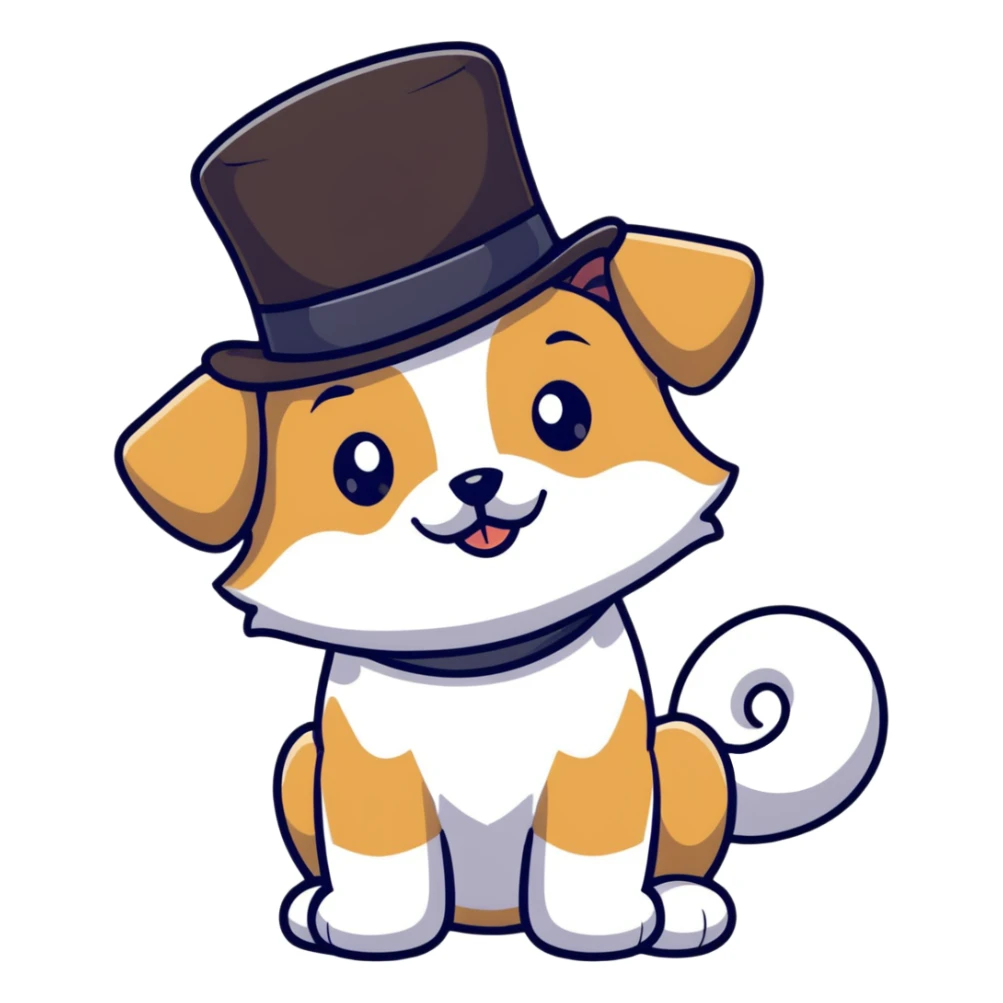 cute small tan and white dog with black nose, black round eyes, curly fluffy medium length hair, wearing a top hat sticker