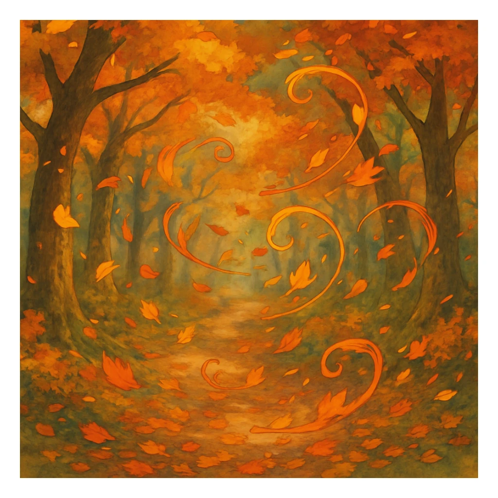 magical autumn forest with swirling colorful leaves sticker