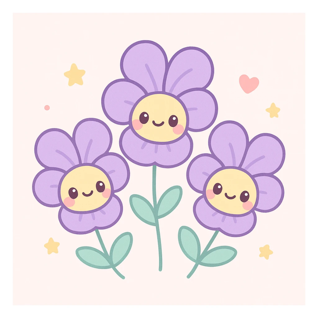 three violets, kawaii cute cartoon style sticker