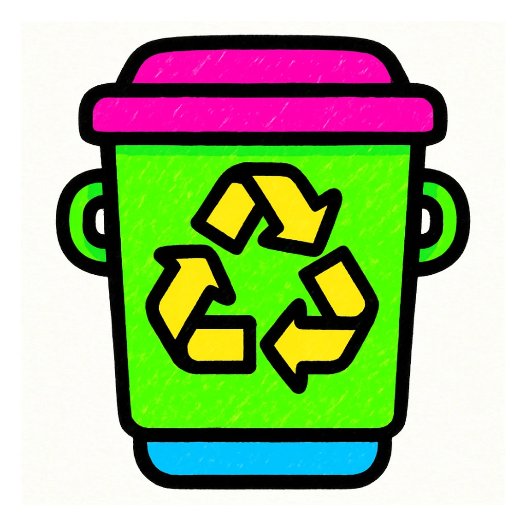 green recycle bin, vibrant cartoon style, bold lines, playful look sticker
