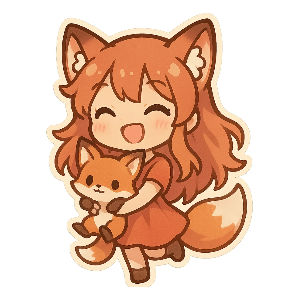 chibi stickers style fox girl holding a tiny fox, cheerful and energetic sticker