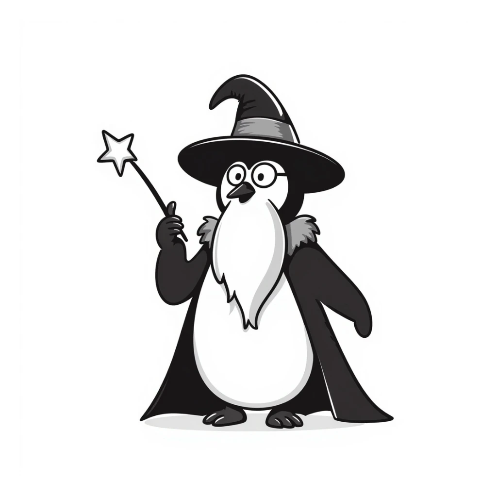 a penguin wizard with glasses, a long beard, and a wand, hand-drawn doodle style sticker