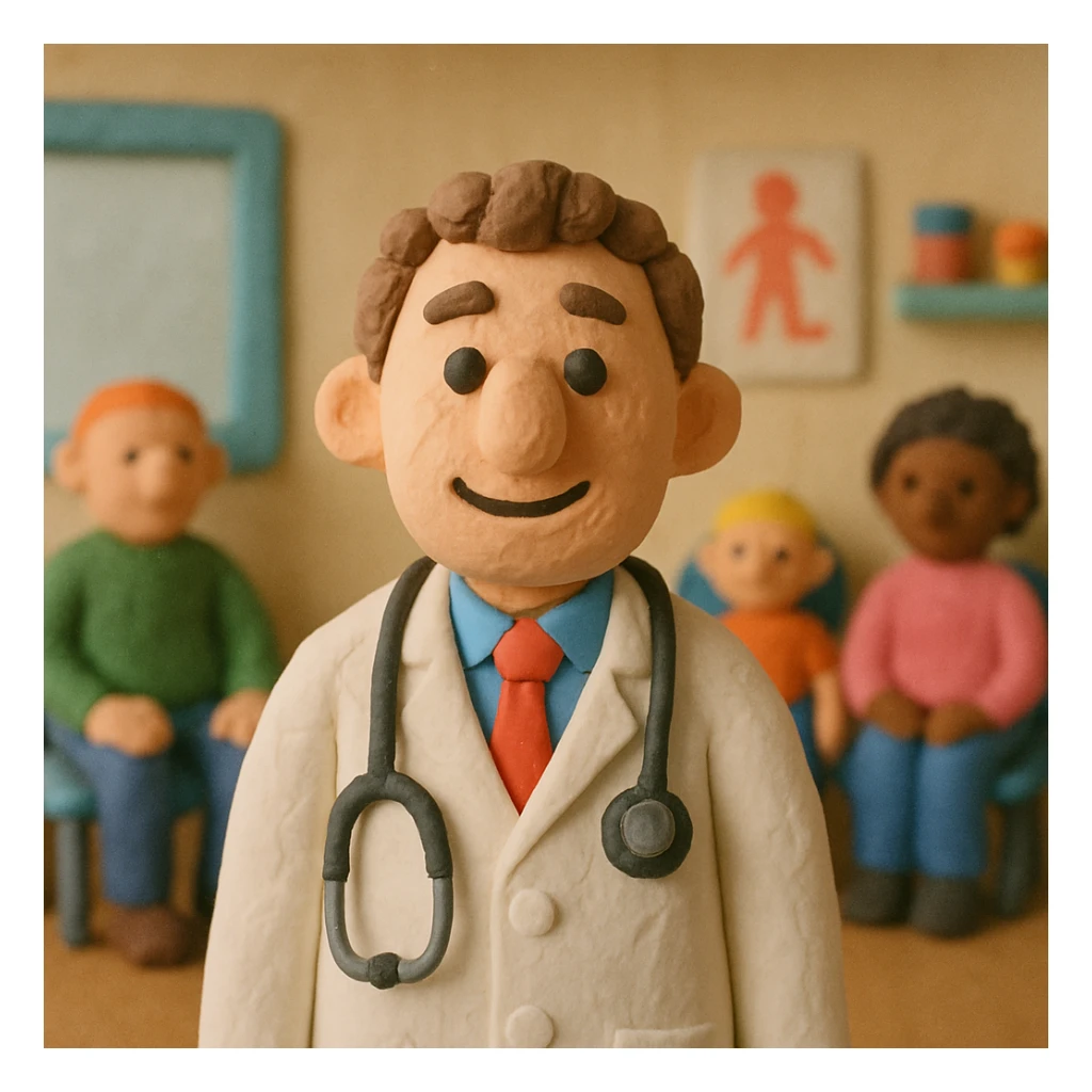 A friendly doctor standing in a busy doctors surgery with patients in the background sticker