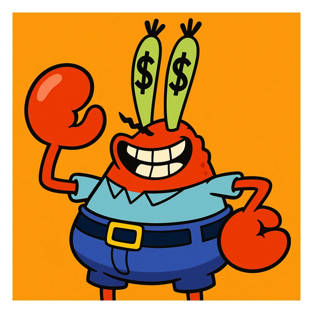 Mr. Krabs from SpongeBob SquarePants with dollar-shaped eyes, vibrant cartoon style sticker