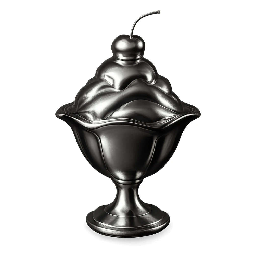 chrome ice cream sundae, reflective metallic finish, cherry on top sticker