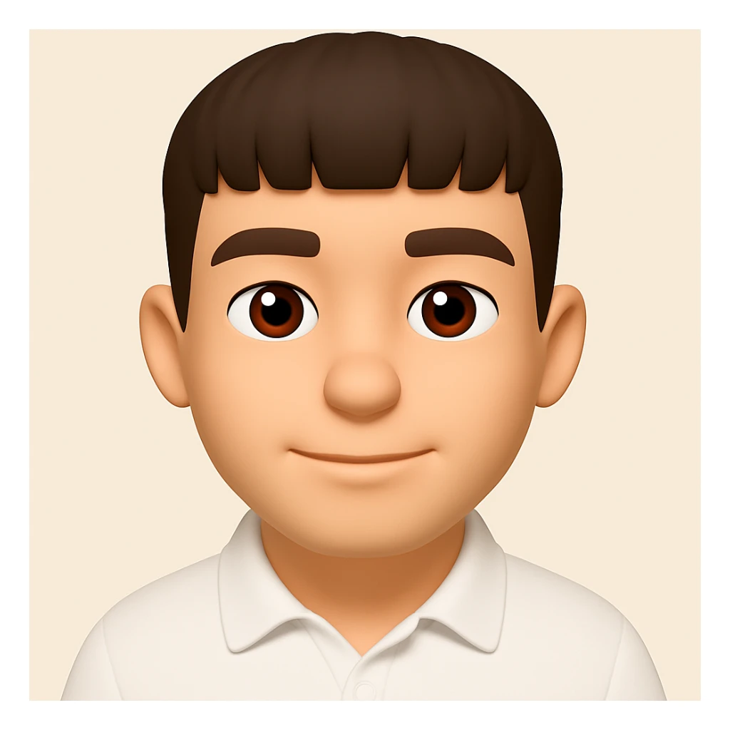 make this character look a little bit older, with a more neutral or slightly positive expression (not sad), and wearing a white shirt, keep 3d-emoji style sticker