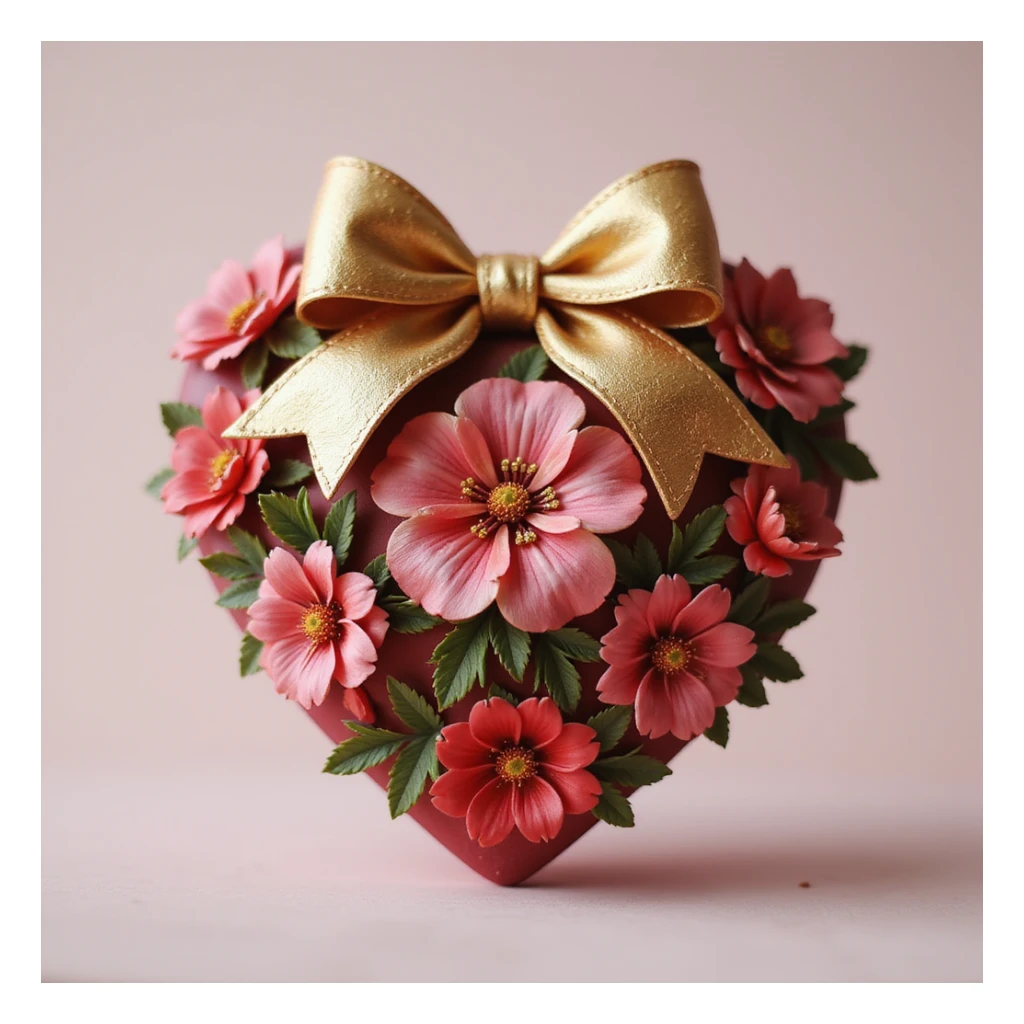 realistic heart with flowers, gold bow with heart pattern on the bow, photorealistic style sticker