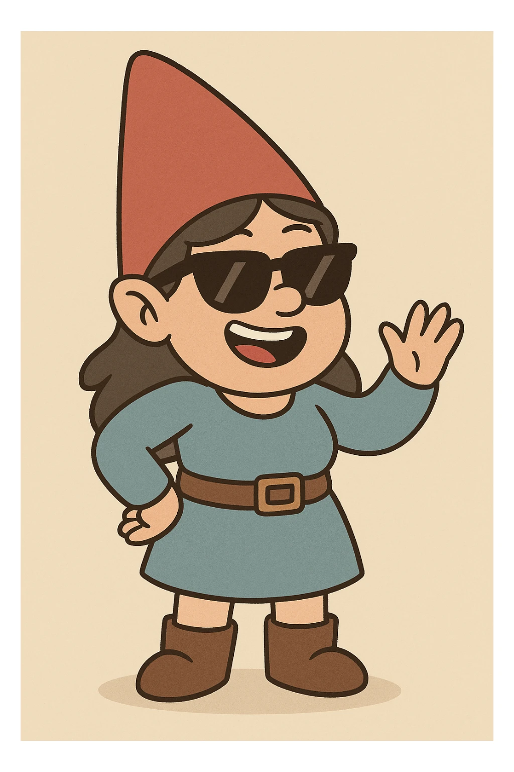 female gnome with sunglasses, cartoon style, cheerful vibe sticker