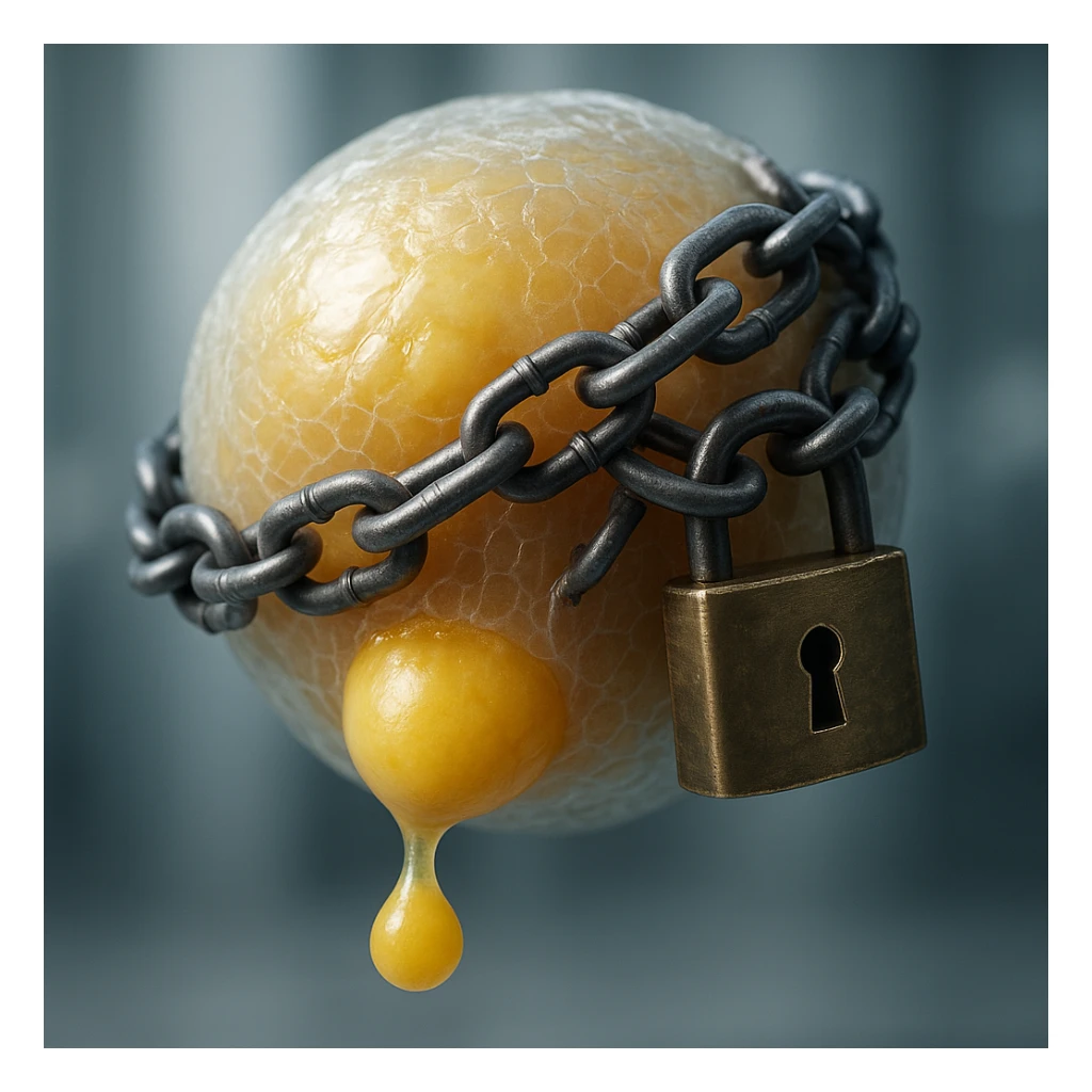 adipocyte releasing fat but locked by chains and padlock, hyper realistic 4K, membrane details, clinical atmosphere sticker