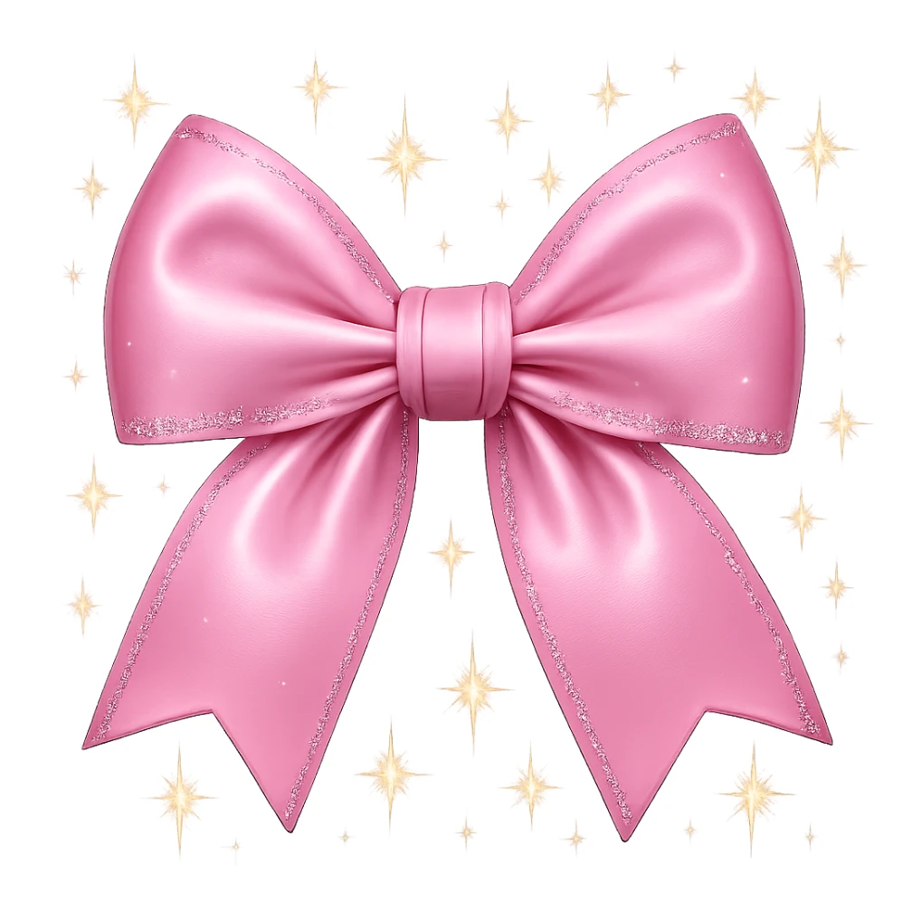 Add small sparkling stars around the sparkly pink bow with a soft gradient. Keep the background transparent. sticker