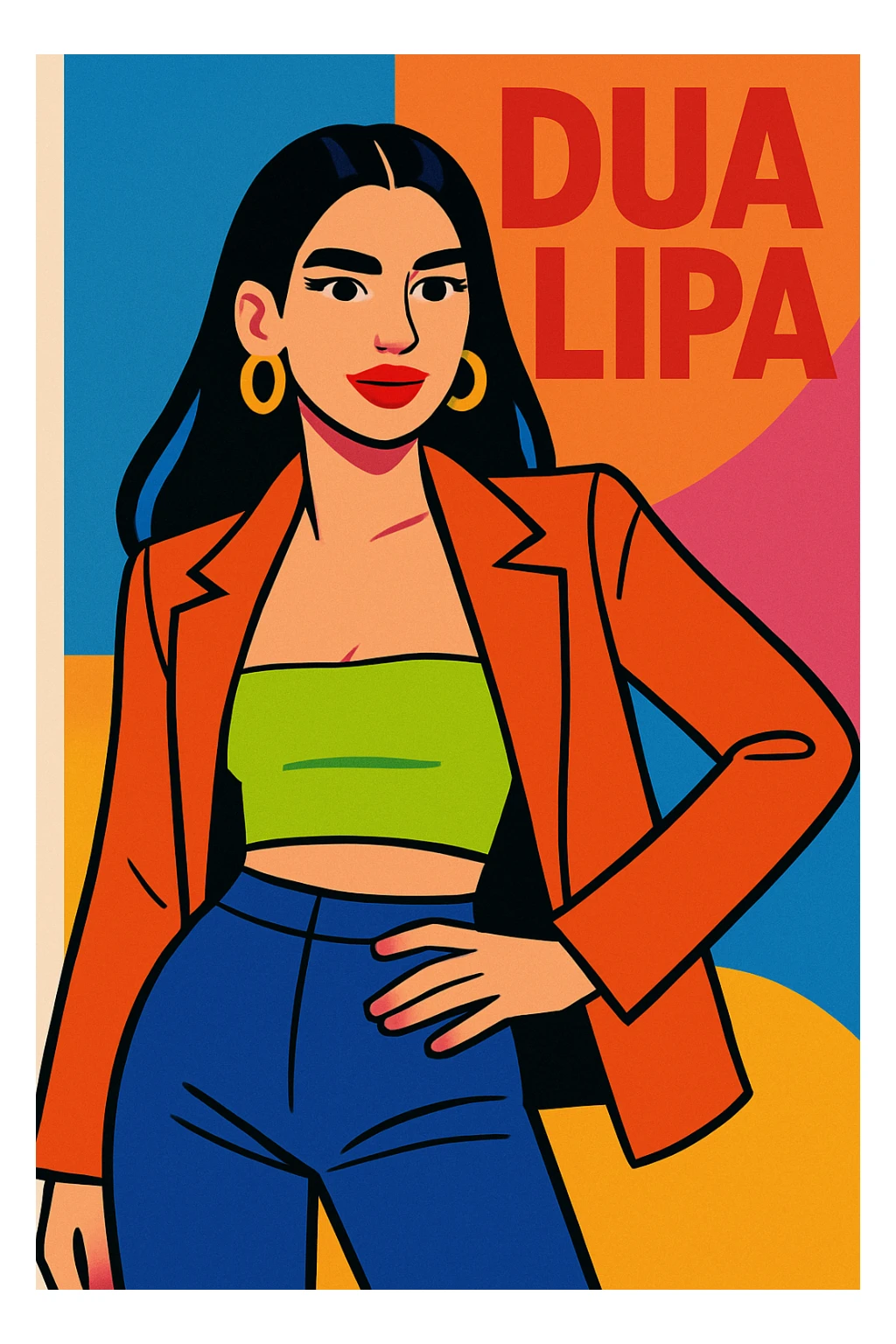 Dua Lipa as a stylized pop icon, vibrant colors, bold fashion, confident pose sticker