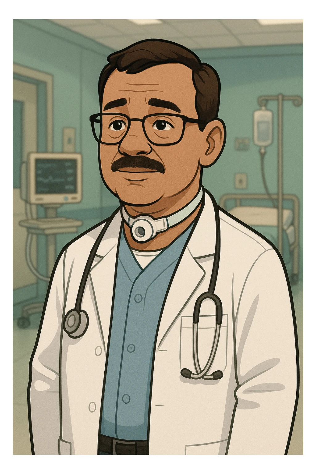 medical professional with tracheotomy tube, white coat, hospital setting, realistic cartoon style sticker