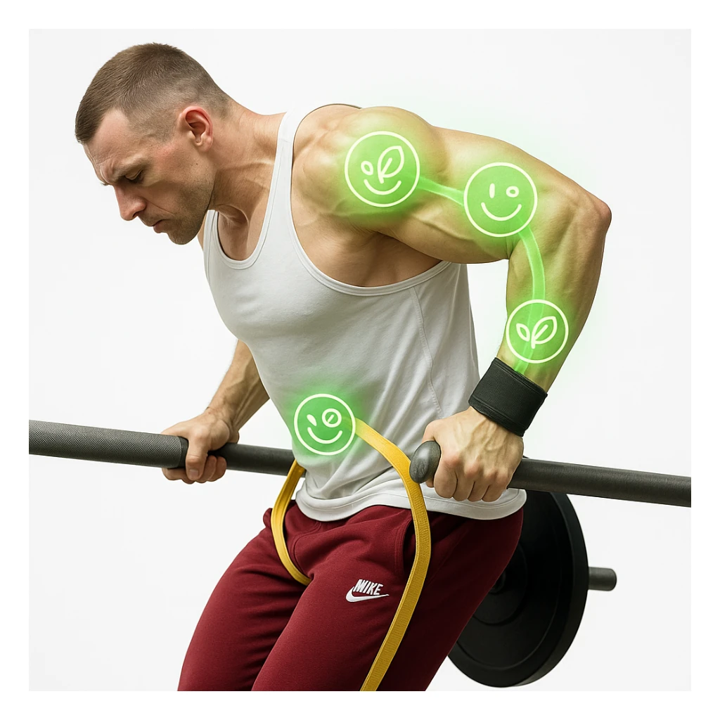 A man doing a dip exercise with shoulder, arm, and elbow joints highlighted in green, with an overlay of wellness symbols (like leaves or smiley faces) on the areas to indicate joint improvement. Hyper-realistic style with anatomical details, clinical atmosphere, and white background. sticker