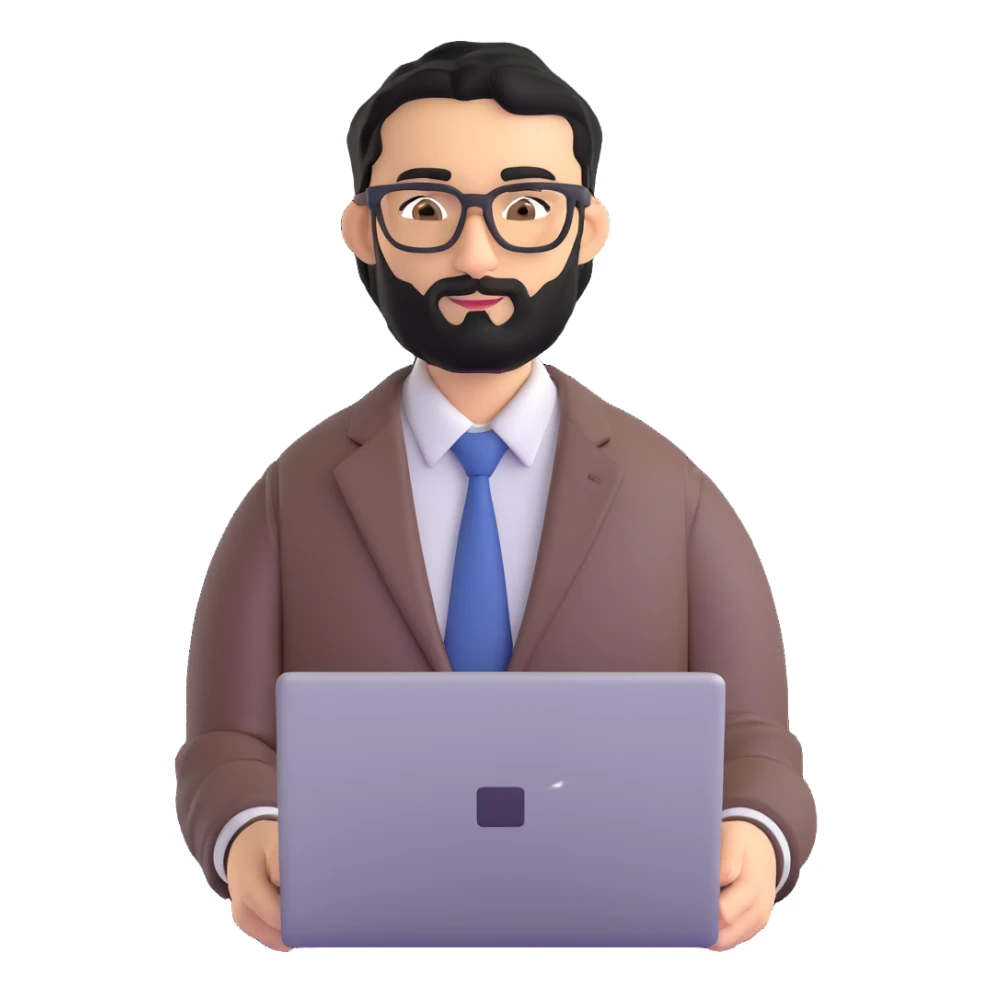 single professional man with medium black beard, neat black hair, connected unibrow, olive tan skin, brown eyes, glasses, prominent nose, wearing clean business casual attire, holding a laptop, centered portrait sticker