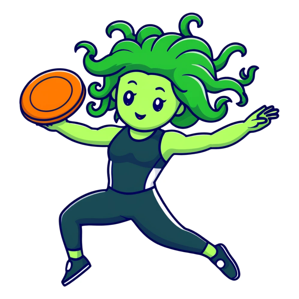 medusa, wearing an athletic outfit, throwing a frisbee to someone sticker