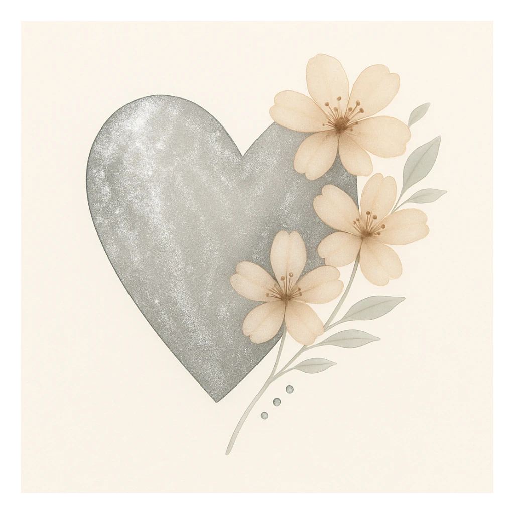 Make the silver accents and details absolutely dominant and overwhelming on the heart with sakura, watercolor style. sticker