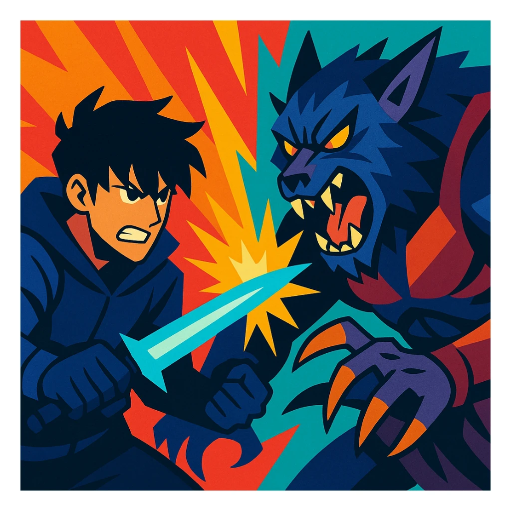 Sun Jin Woo vs Baruka, couleurs éclatantes, style vibrant toon sticker