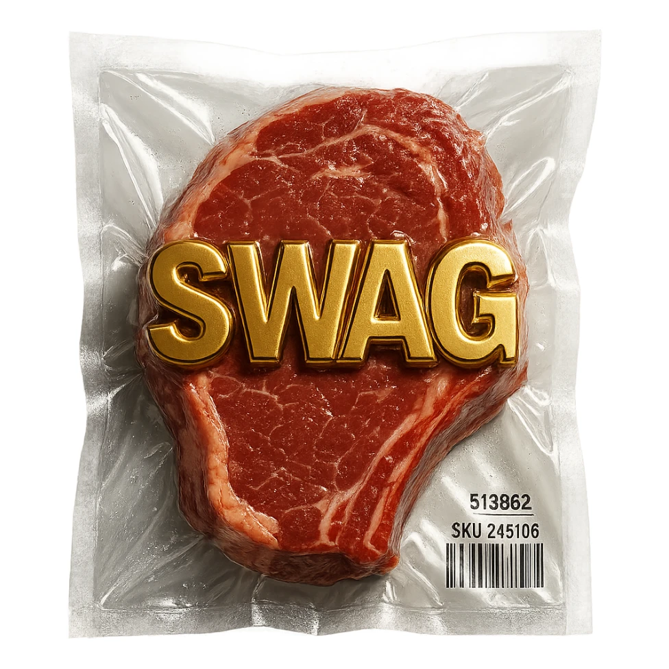 steak with gold 3D 'SWAG' text, extra shiny sticker