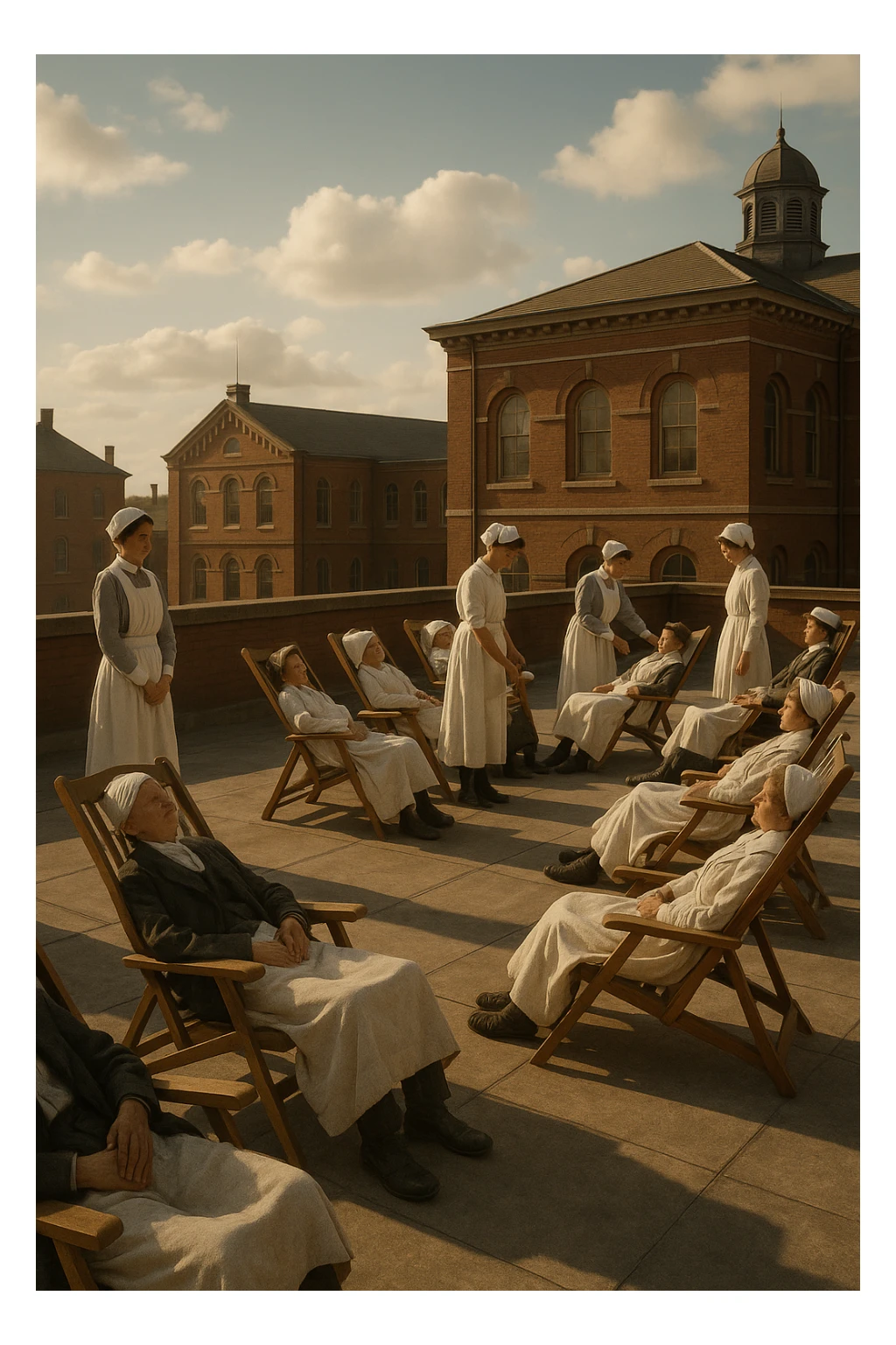 A realistic cinematic image of a hospital rooftop solarium from the 1900s, patients sunbathing under nurse supervision for heliotherapy against tuberculosis and rickets.” sticker