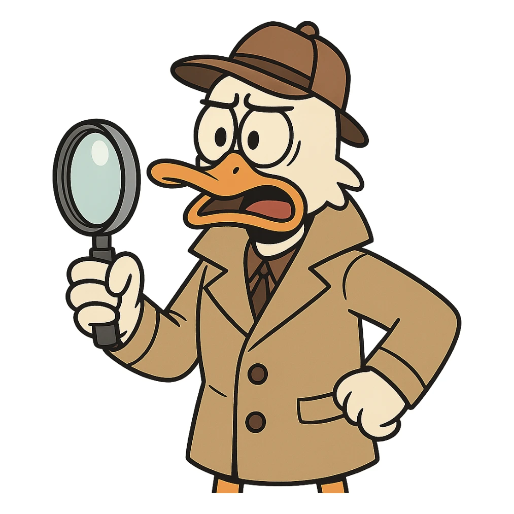 duck detective wearing a trench coat and detective hat holding a magnifying glass with an expressive face in cartoon style sticker