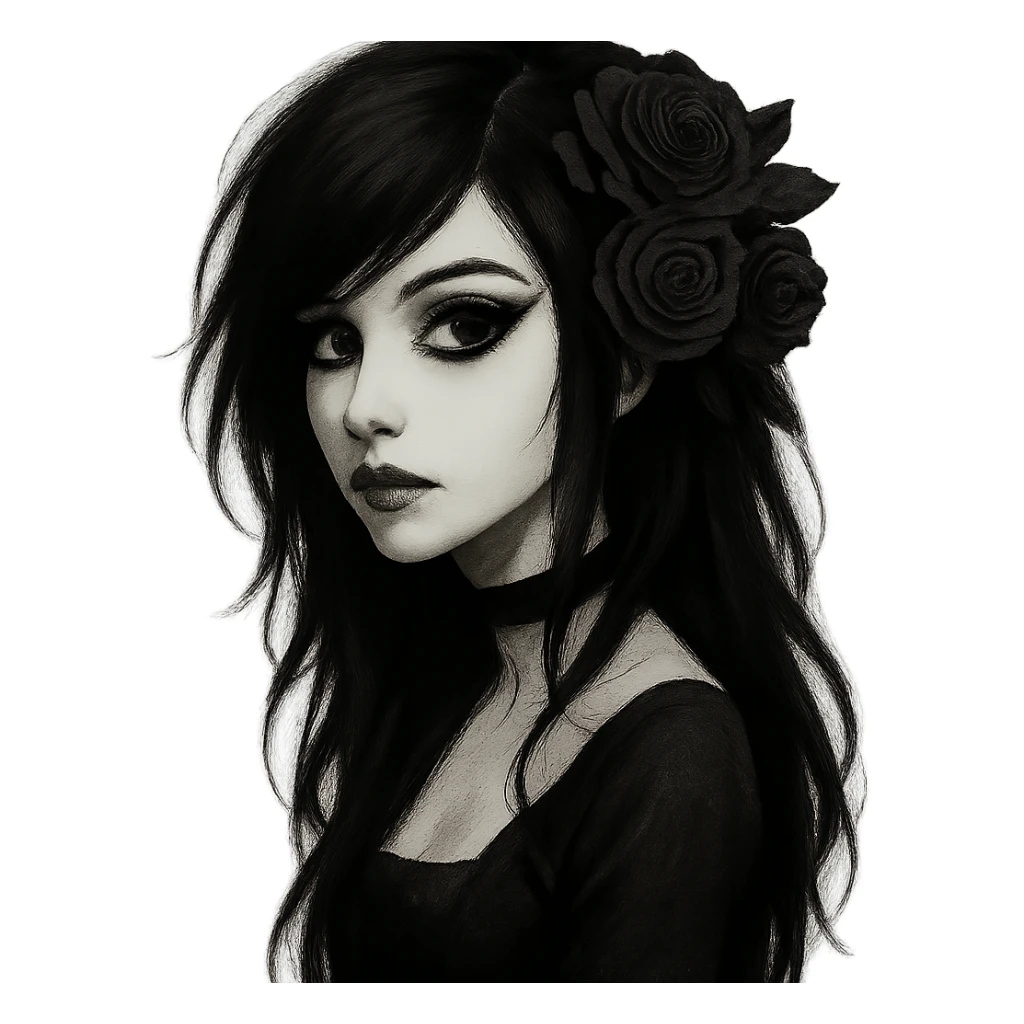 emo girl with dramatic eyeliner, black roses in hair, mysterious and elegant sticker