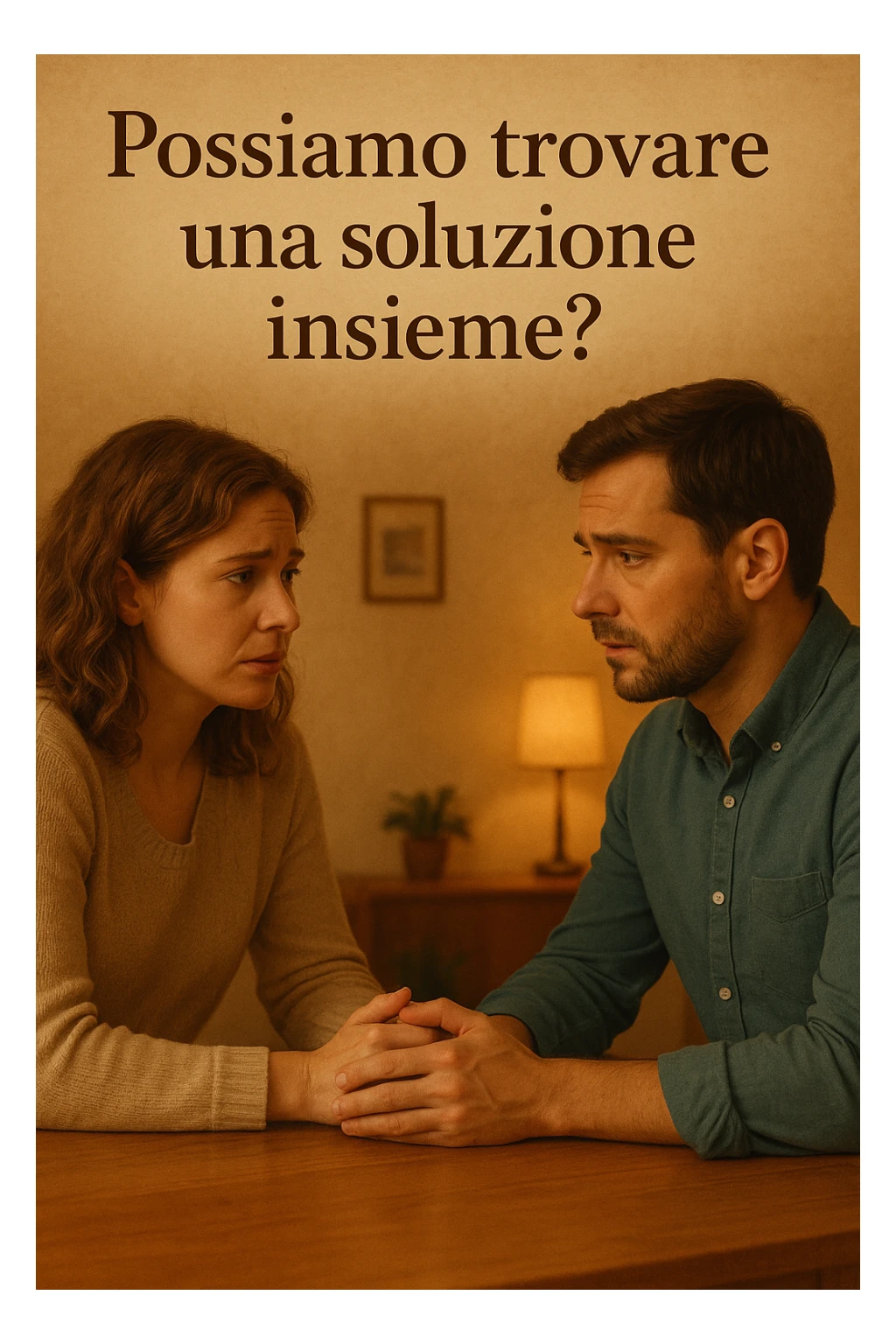 Vertical format: man and woman talking sitting at a table, worried but open expressions, text in Italian: 'Possiamo trovare una soluzione insieme?', intimate and hopeful atmosphere sticker