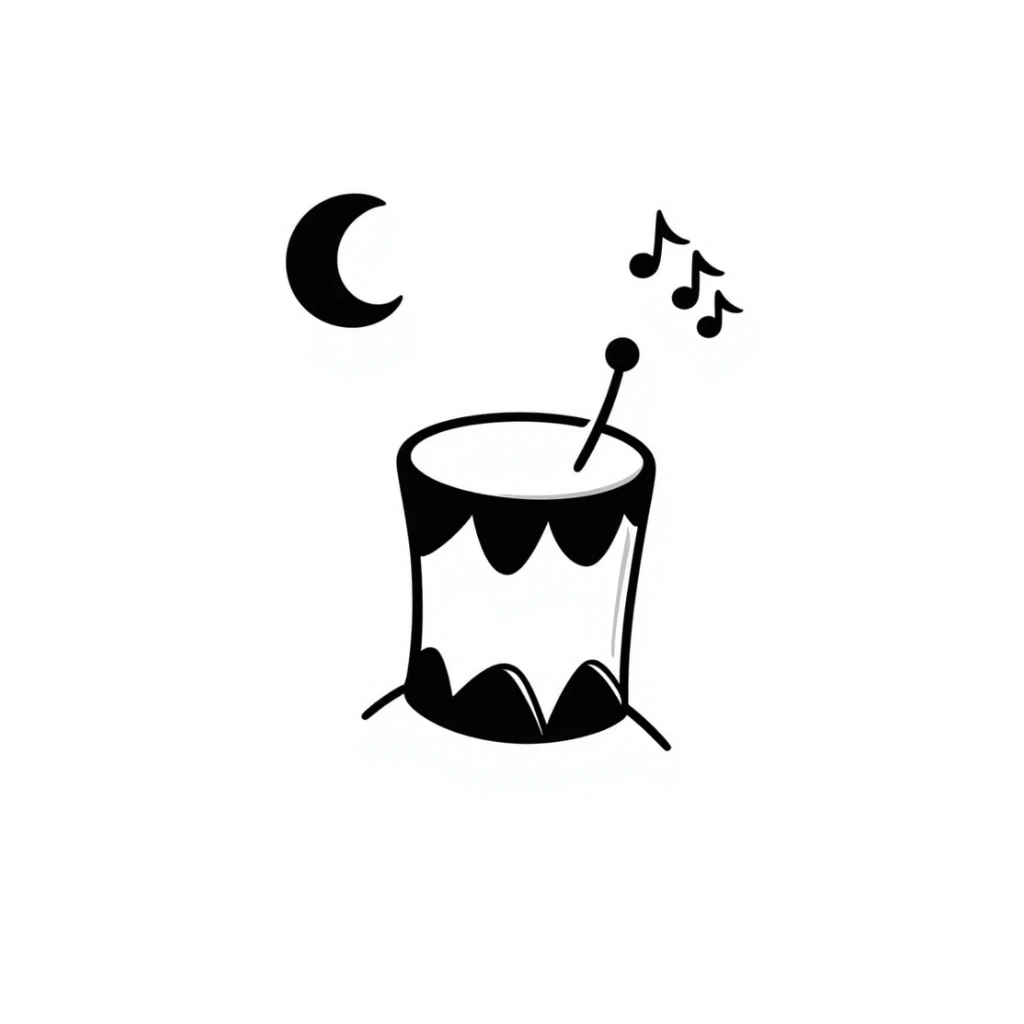 Hand-drawn drum with sound waves and a crescent moon, representing the sahur call during Ramadan sticker