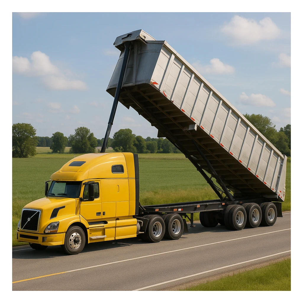 long silver end dump trailer hooked to a Volvo yellow semi sleeper truck, trailer in dump position, photorealistic daytime country scene with fields, trees, and a quiet road, truck driving left sticker