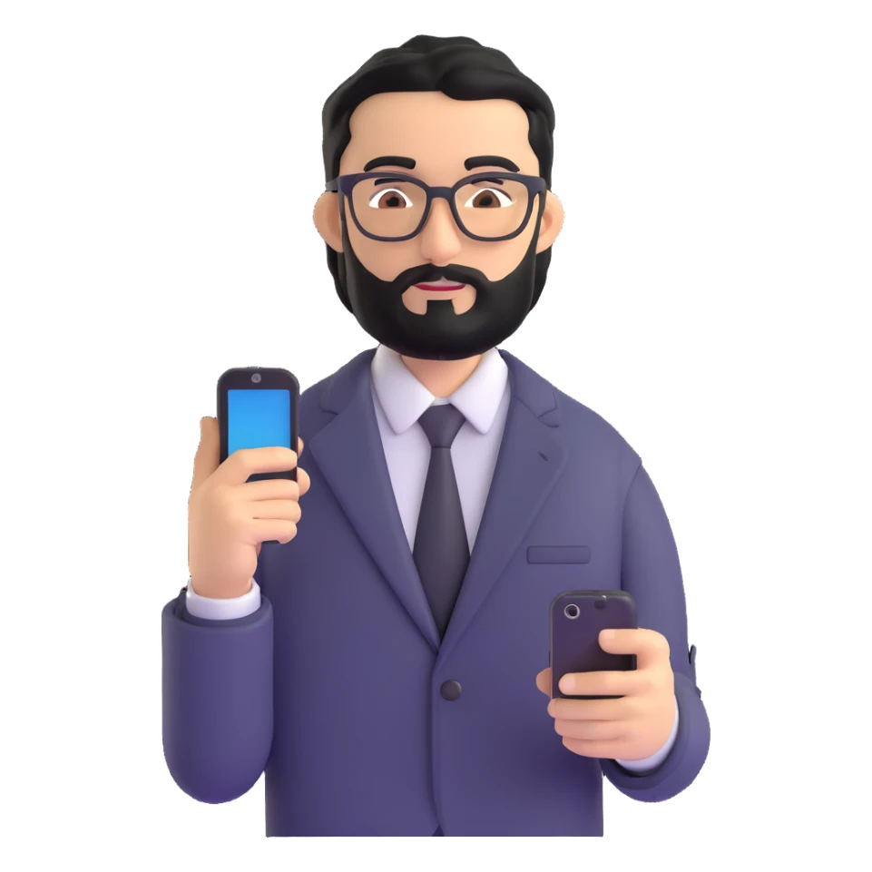 standing pose of professional man with medium black beard, black hair styled and combed to one side, connected unibrow, olive tan skin, brown eyes, glasses, prominent nose, dressed in formal black jacket, with mobile phone sticker