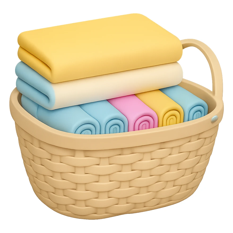 Make the wicker basket a little lighter in color, keep pastel socks and towels with folded towels on top, in the style of emoji. Remove the background. sticker