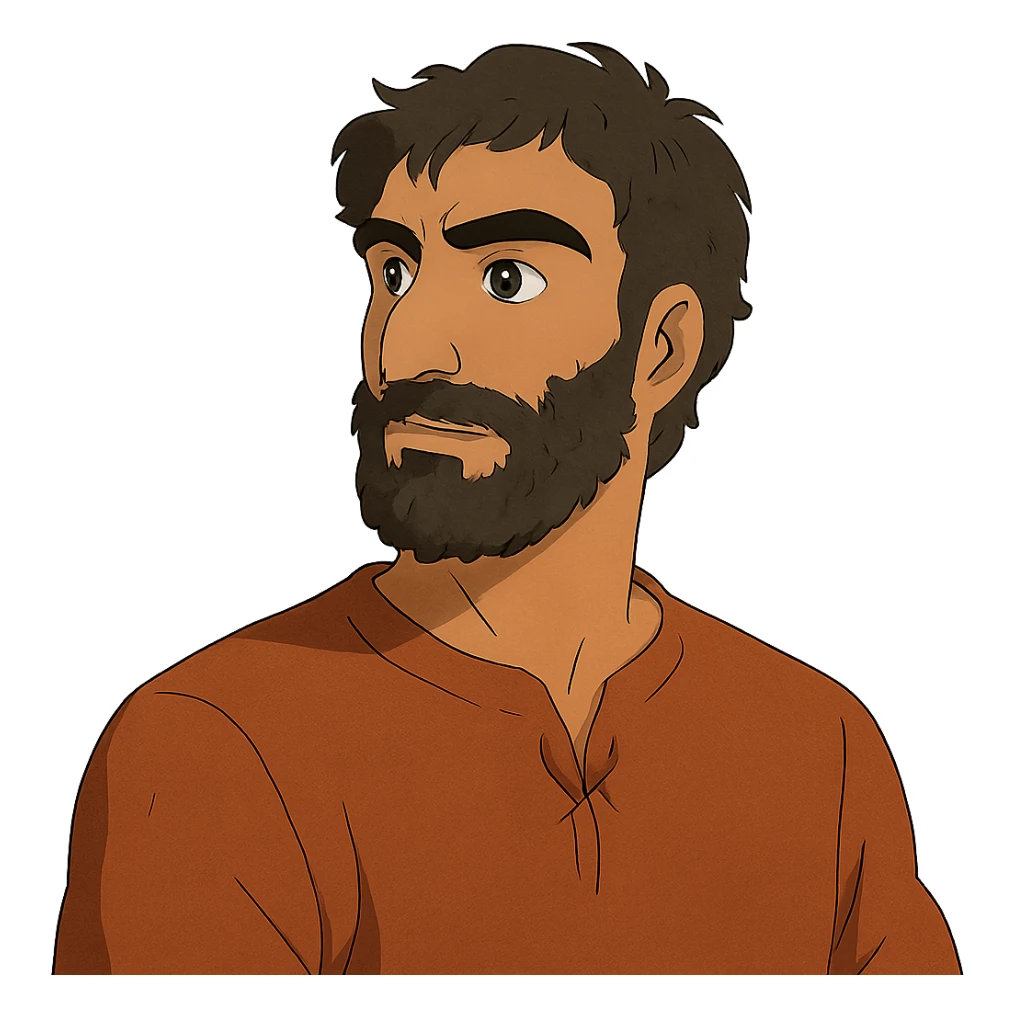 A Tajik man with medium to tall height, well-defined features, slightly curved nose, dark-brown eyes, thick eyebrows meeting above the nose, slightly wavy hair, rich brown skin, and a fuller beard sticker
