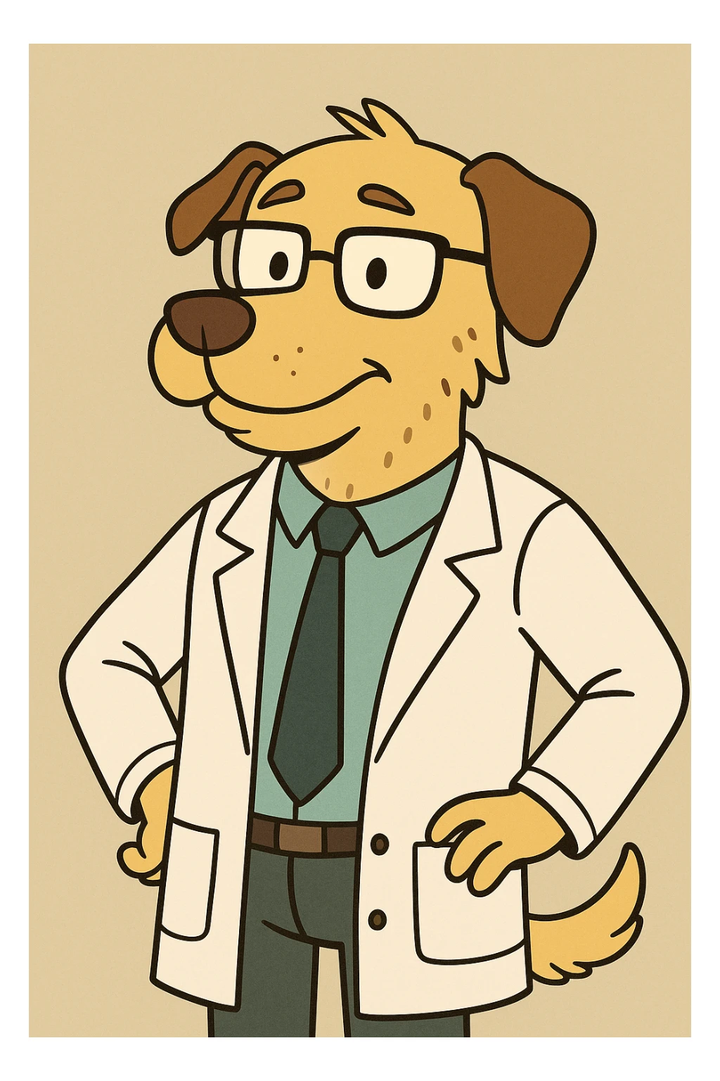 scientist dog cartoon style, wearing a lab coat and glasses, simple background sticker