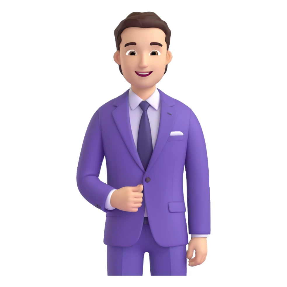 male character in a purple suit, smiling, business casual sticker
