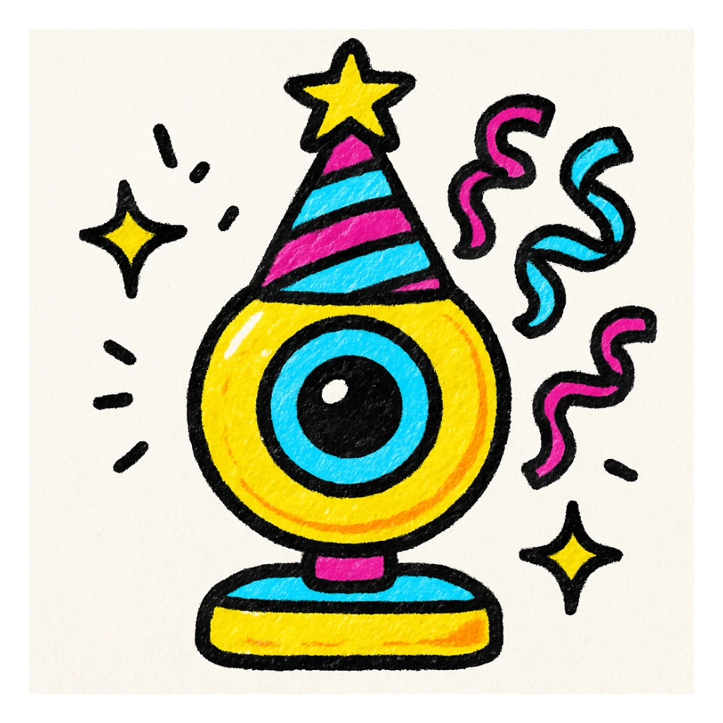 webcam camera with party hat and streamers, celebrating 4th of July, colorful and cheerful style sticker