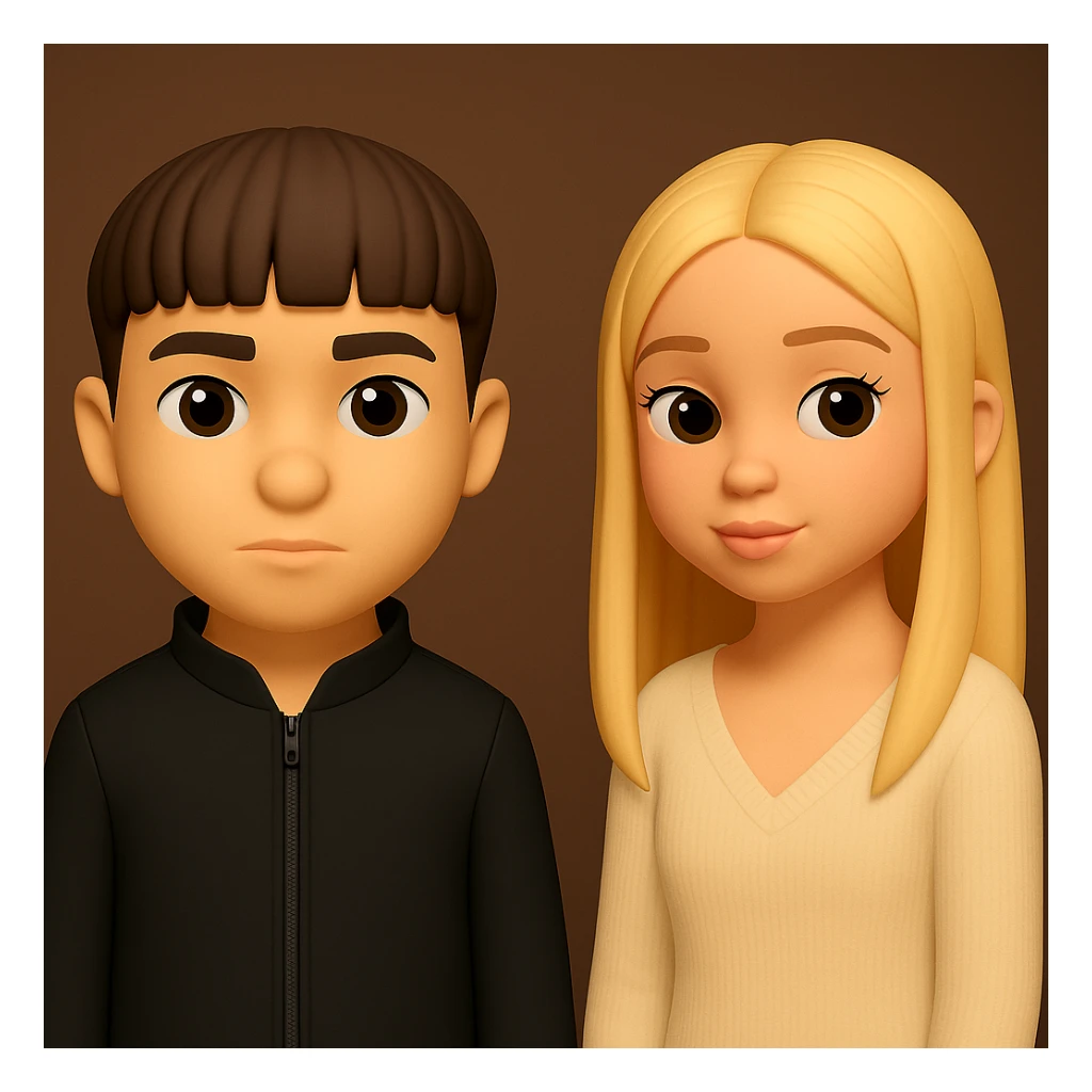 Place two 3D emoji characters on one image, standing separately with space between them, each as a separate figure sticker
