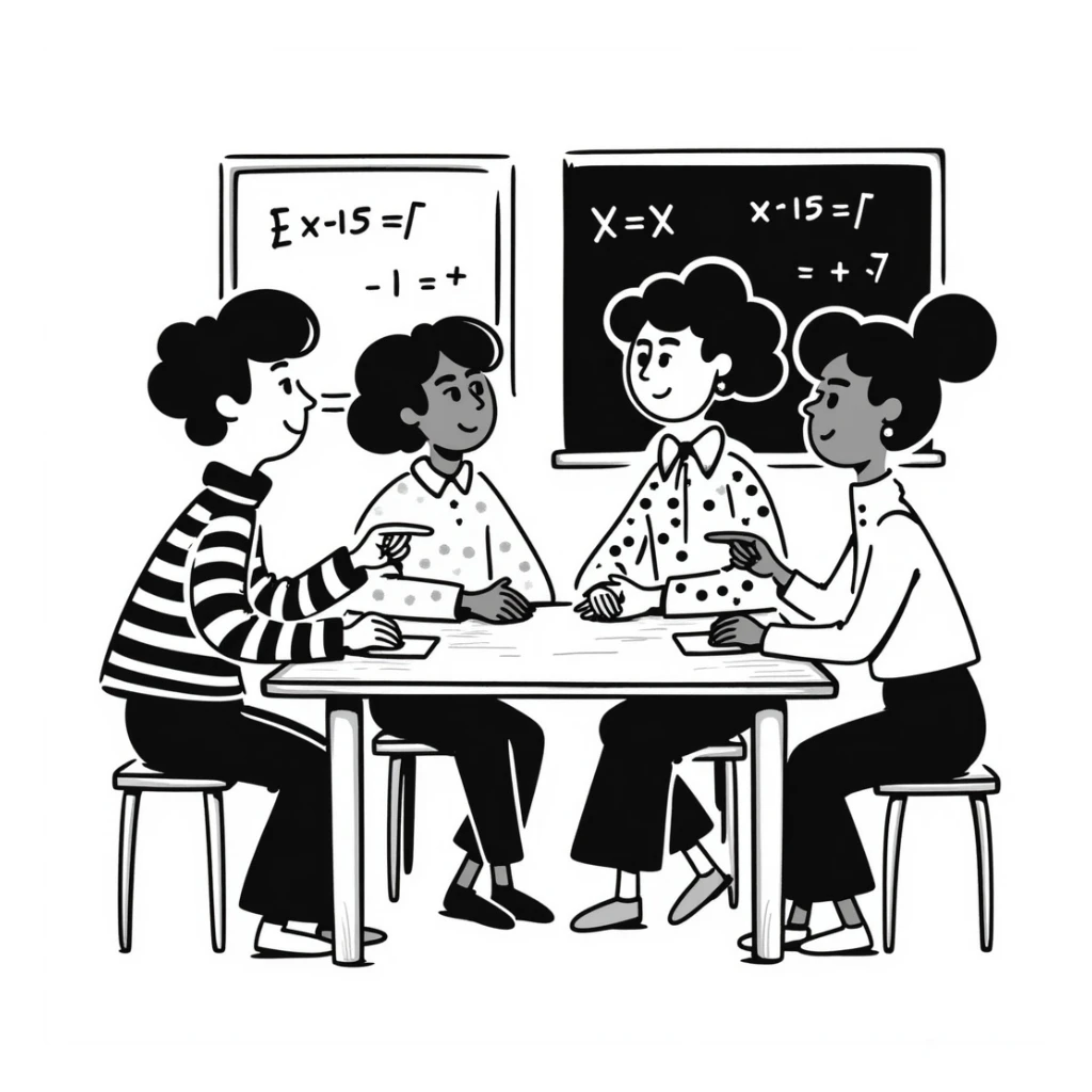 four students of different origins sitting around a table following a course, friendly atmosphere, hand drawn style, classroom background sticker