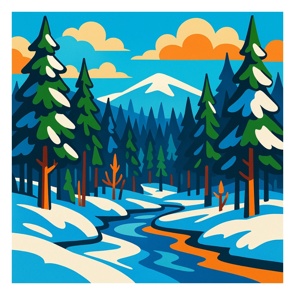 Siberia landscape, snowy forest, vibrant cartoon style sticker