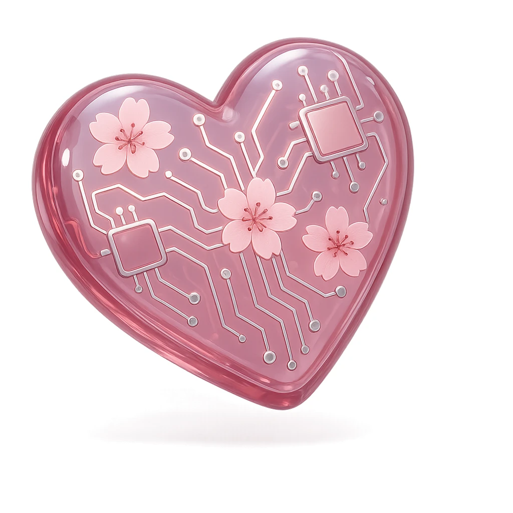 heart with sakura and silver accents, glossy circuit style sticker