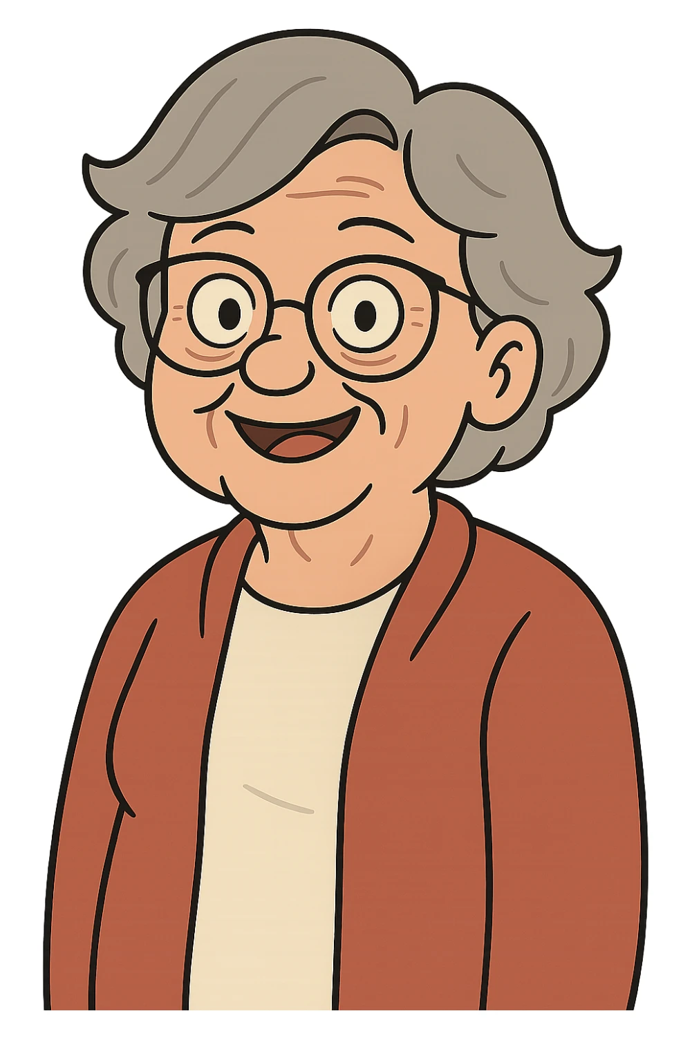 Remove the background and keep only the elderly woman with glasses in flat toon style with transparent background. sticker