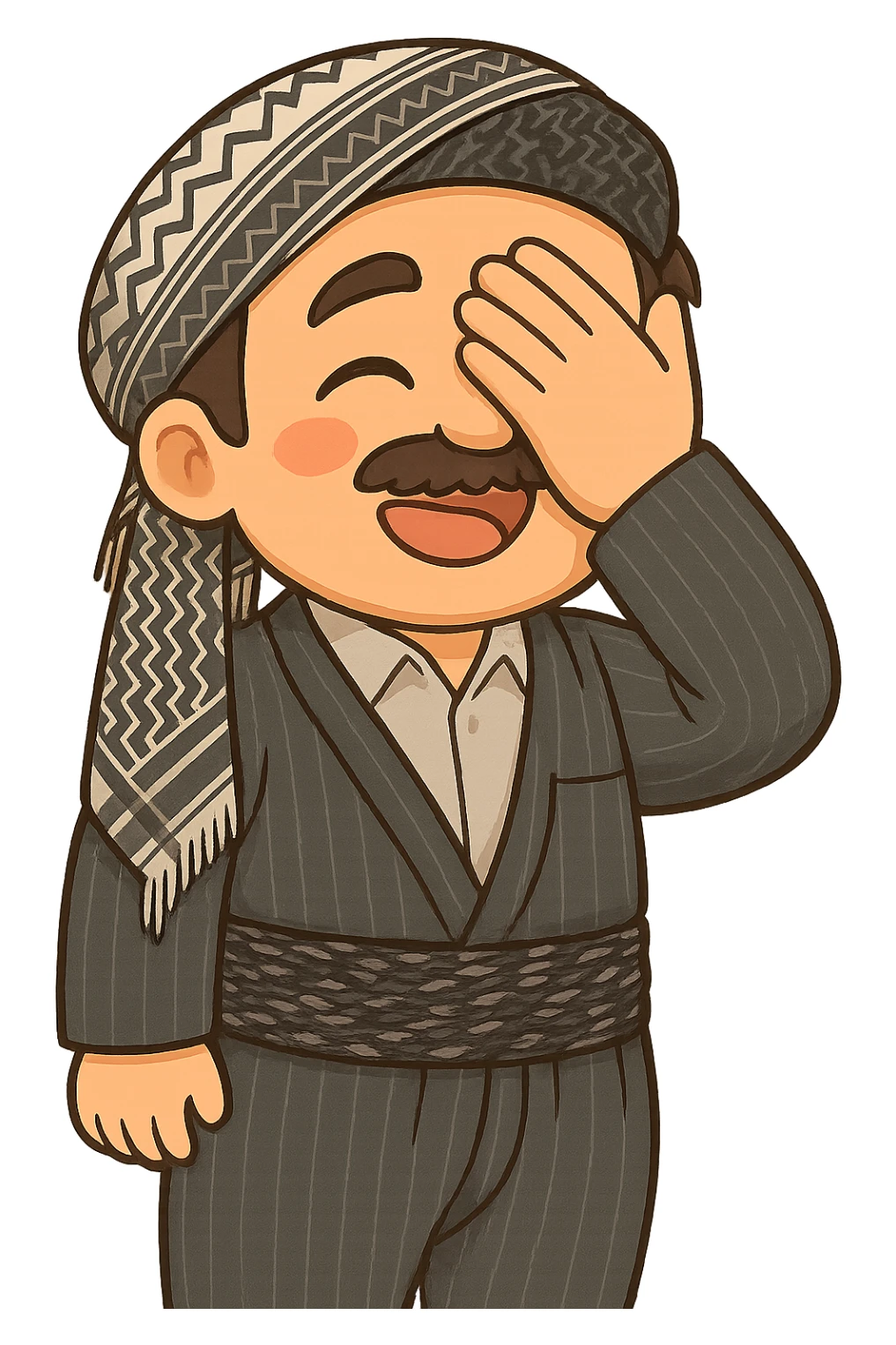 Cartoon sticker of a Kurdish man with the exact same clothes and shawl as the reference images, no changes to clothes or shawl. The face shows a shy smile expression, one hand on the face matching the pose in the reference images. Colorful and cheerful style, no shadows or color halos around the image, no text, suitable for WhatsApp and Instagram, with a fully transparent background. sticker