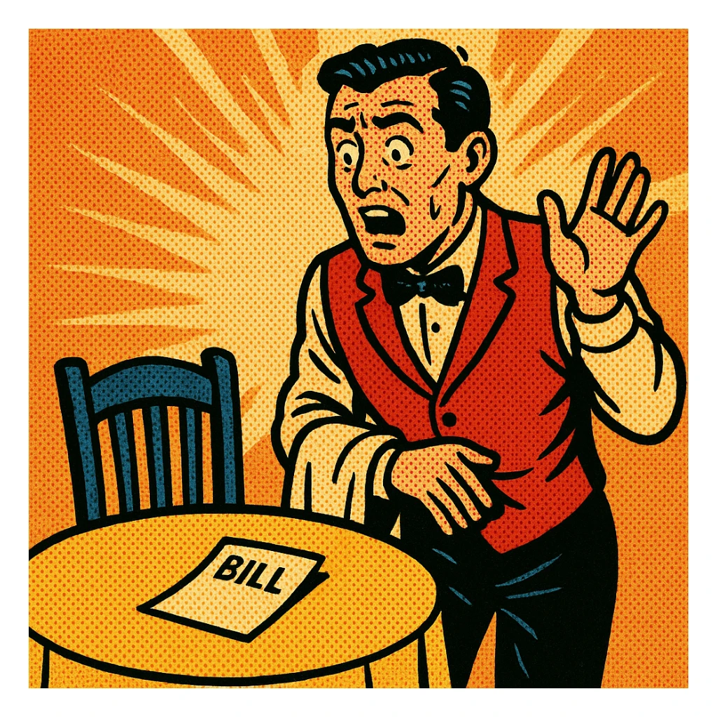 comic-style image of a waiter looking surprised at an empty table with a bill, vibrant colors sticker