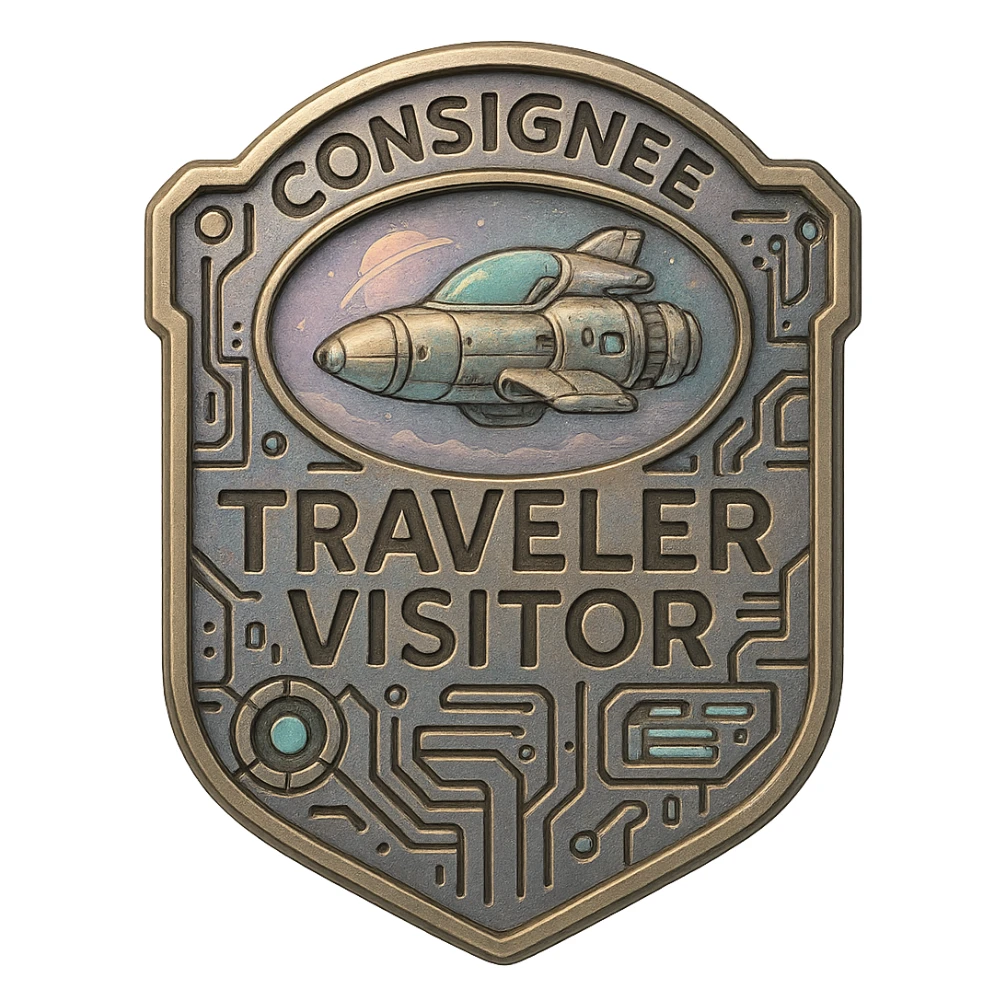 a metal insignia badge for a consignee traveler visitor, space scifi-futuristic cyberpunk futurepunk sticker