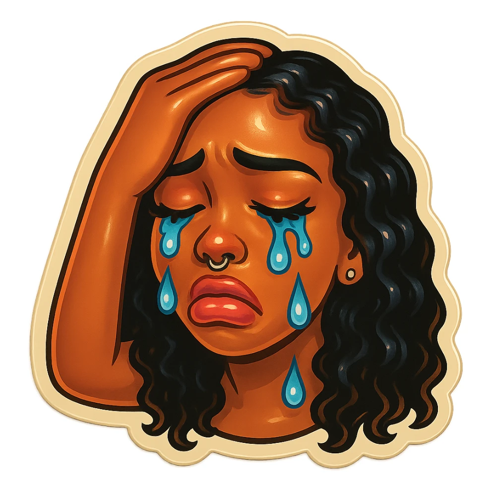 Crying Tears rolling down face 
Mouth Pout
one hand on head 
head down
 sticker